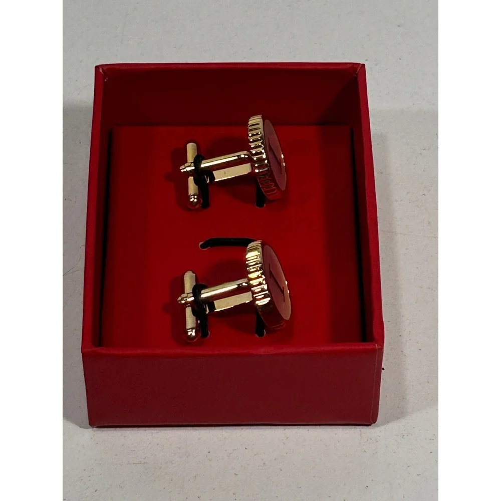 Gold Tone Initial I Monogram Cufflinks Round Mother of Pearl Style Inlay Boxed